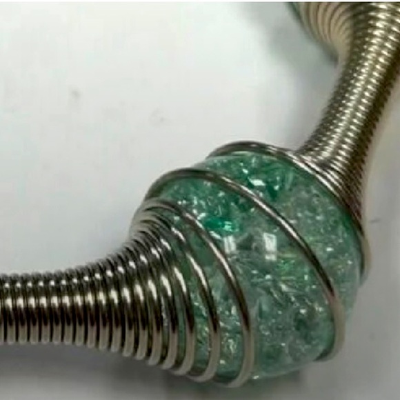 Industrial Design Bracelet Wire Springs with Clear and Green Glass Balls - Picture 3 of 4